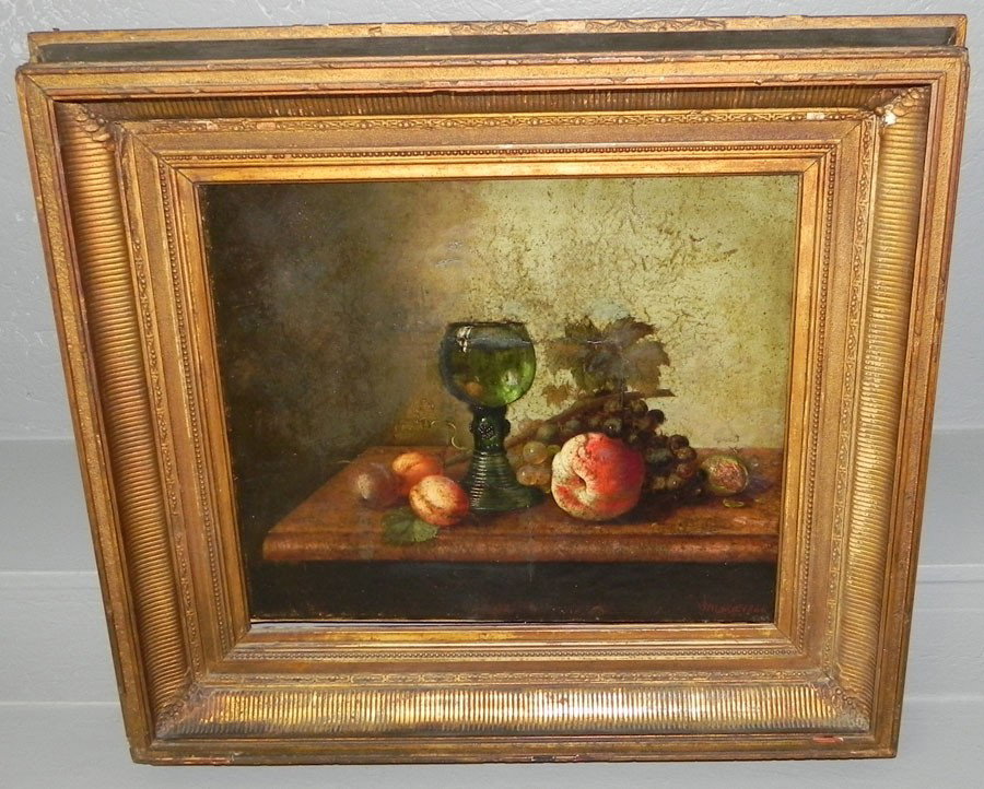 OOC in period frame. Signed "J Wilms" in red : Oil on canvas of Still Life with Wine, Peaches, Plums and Grapes in period frame. Signed "J Wilms" in red. (Joseph Peter Wilms 1814-1894, Dusseldorf School) Has had some restoration. 26 1/2' x 24'.