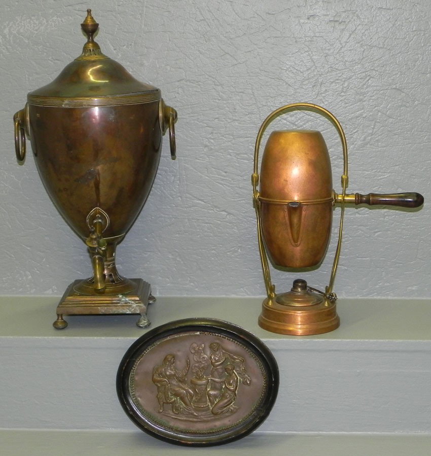 (3) pieces of copper pots.: (3) copper pieces. Hot water pot, chafing dish, and framed plaque.
