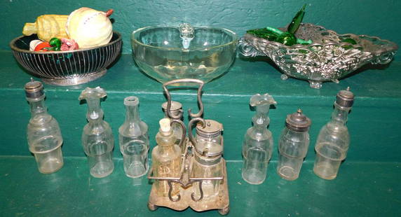 Lot of Glass Bottles, Bowls, & Cruet Set: Lot of Glass Bottles, Bowls, & Cruet Set . ALL DESCRIPTIONS AND ANY CONDITION STATEMENT GIVEN BY LANGSTON AUCTION GALLERY ARE STRICTLY OPINIONS AND LANGSTON'S SHALL HAVE NO RESPONSIBILITY FOR ERRORS O