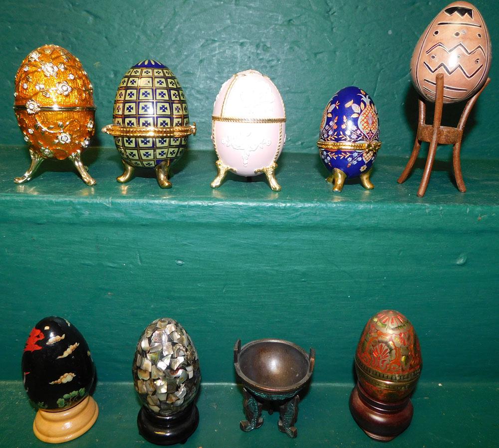 Lot of Enamel & Stone Eggs: Lot of Enamel & Stone Eggs . ALL DESCRIPTIONS AND ANY CONDITION STATEMENT GIVEN BY LANGSTON AUCTION GALLERY ARE STRICTLY OPINIONS AND LANGSTON'S SHALL HAVE NO RESPONSIBILITY FOR ERRORS OR OMISSIONS. T