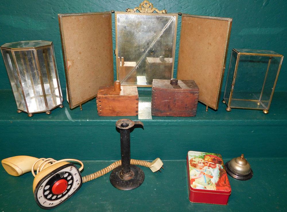 Lot of Antique Butter Molds, Brass & Glass Showcases, Victorian 3 Part Dressing Mirror (1 of 5)