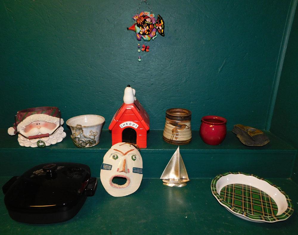 Lot of Porcelain Casseroles, Pottery Mask, Snoopy Cookie Jar, & Miscellaneous Items (1 of 8)