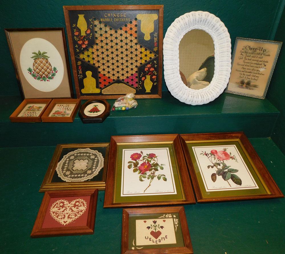 Lot of Framed Prints, Wicker Mirror, & Game Board (1 of 5)