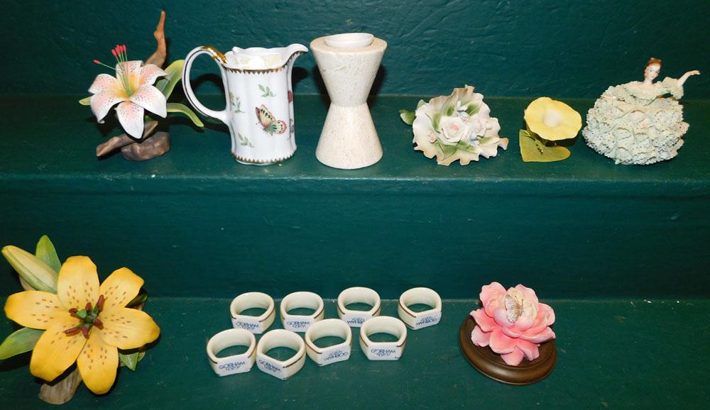 Lot of Porcelain Flowers, Figurine, & Napkin Rings: Lot of Porcelain Flowers, Figurine, & Napkin Rings. ALL DESCRIPTIONS AND ANY CONDITION STATEMENT GIVEN BY LANGSTON AUCTION GALLERY ARE STRICTLY OPINIONS AND LANGSTON'S SHALL HAVE NO RESPONSIBILITY FOR