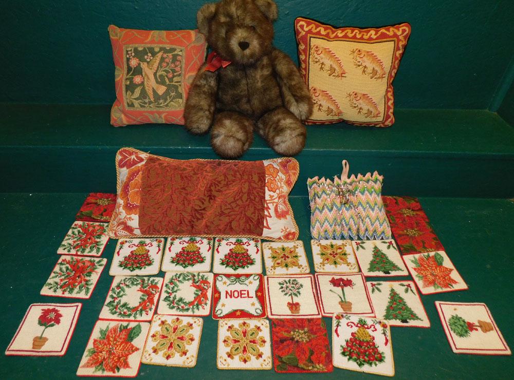 Lot of Needlepoint Pillow, Coasters, & Teddy Bear (1 of 4)