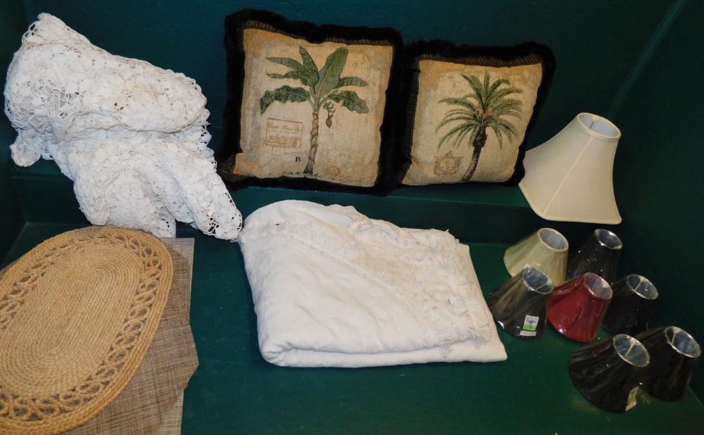 Lot of Picture Frames, Lamp Shades, & Coverlets: Lot of Picture Frames, Lamp Shades, & Coverlets . ALL DESCRIPTIONS AND ANY CONDITION STATEMENT GIVEN BY LANGSTON AUCTION GALLERY ARE STRICTLY OPINIONS AND LANGSTON'S SHALL HAVE NO RESPONSIBILITY FOR E