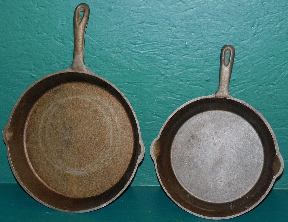 2 Wenzel Cast Iron Skillets: 2 Wenzel Cast Iron Skillets . 17 1/4" W ALL DESCRIPTIONS AND ANY CONDITION STATEMENT GIVEN BY LANGSTON AUCTION GALLERY ARE STRICTLY OPINIONS AND LANGSTON'S SHALL HAVE NO RESPONSIBILITY FOR ERRORS OR O
