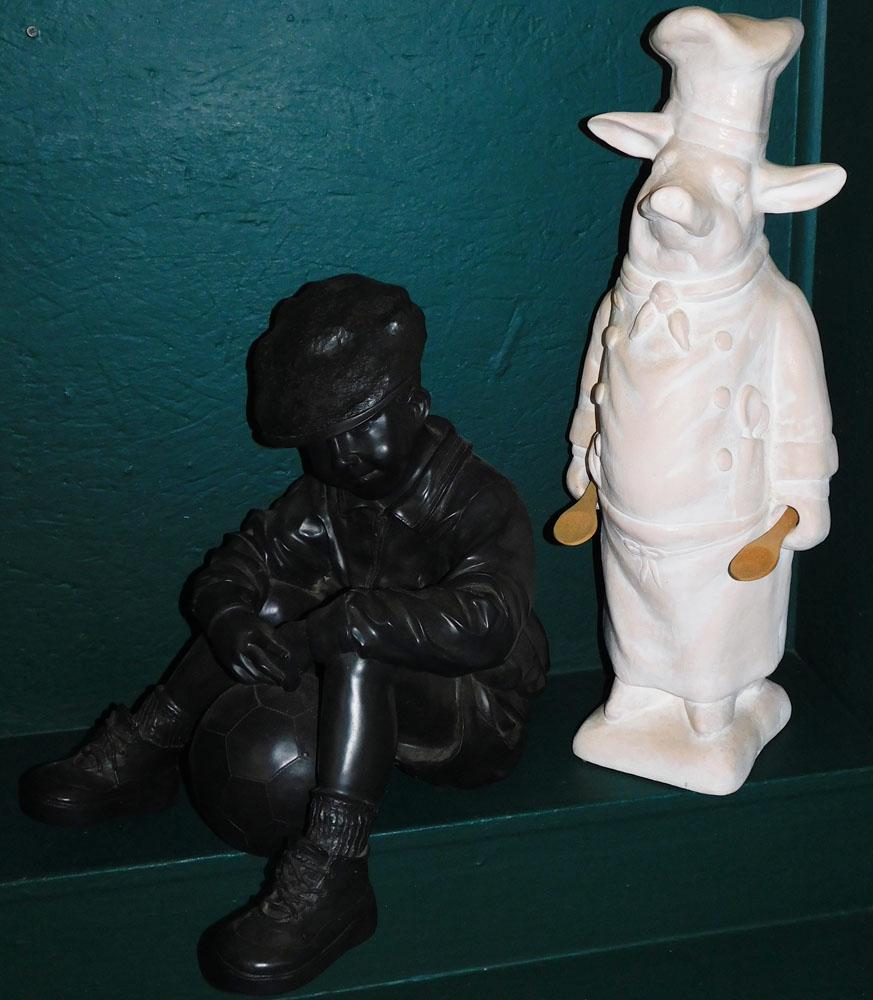 Ceramic Pig Chef Statue & Resin Little Boy with Ball Statue (1 of 7)