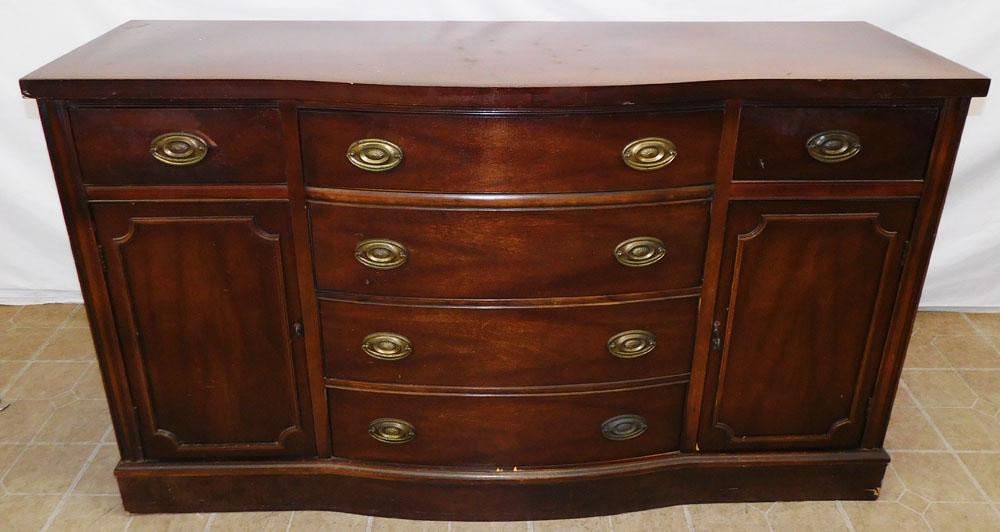 Mahogany Bowfront Sideboard: Mahogany Bowfront Sideboard . 58 1/4" W 19 1/2" D 33 1/2" H ALL DESCRIPTIONS AND ANY CONDITION STATEMENT GIVEN BY LANGSTON AUCTION GALLERY ARE STRICTLY OPINIONS AND LANGSTON'S SHALL HAVE NO RESPONSIBI