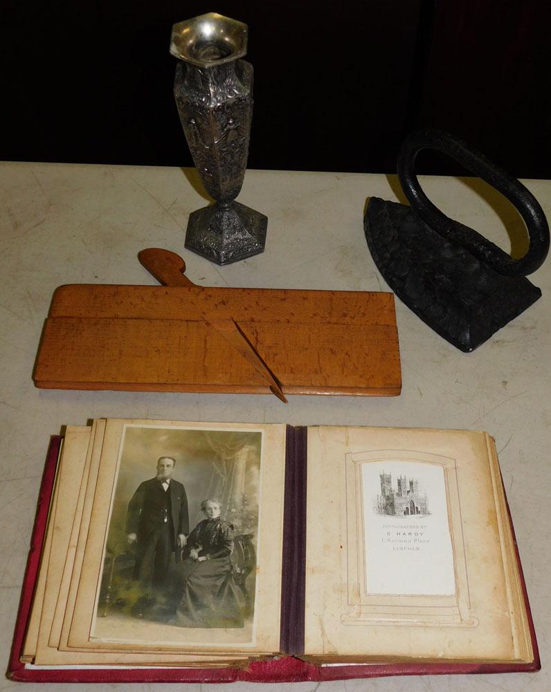 Antique Wood Plane, Silverplated Vase, Flat Iron, & Antique Victorian Photo Album (1 of 6)