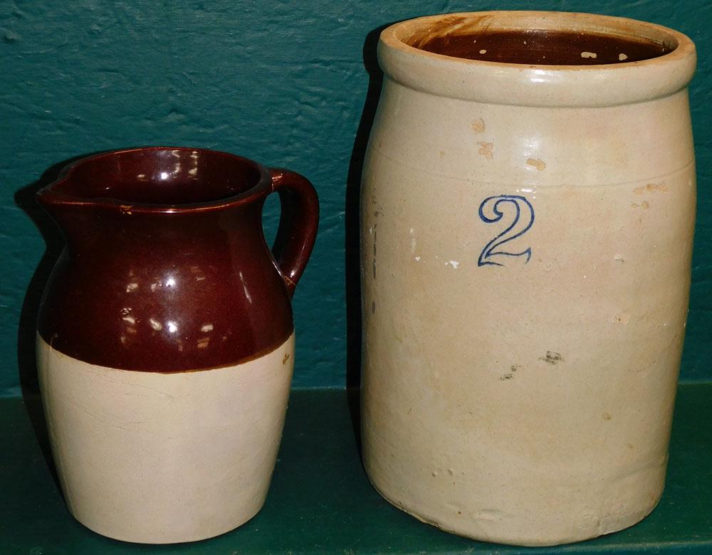 Antique 2 Gallon Stoneware Crock & Pottery Milk Pitcher (1 of 2)