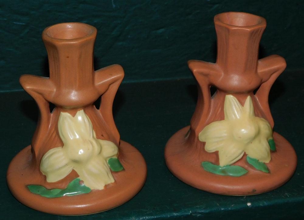 Pair of Art Pottery Candlesticks Marked Roseville (1 of 2)
