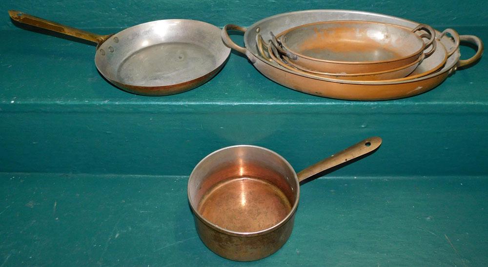 Lot of Copper Pans: Lot of Copper Pans . 15" Long ALL DESCRIPTIONS AND ANY CONDITION STATEMENT GIVEN BY LANGSTON AUCTION GALLERY ARE STRICTLY OPINIONS AND LANGSTON'S SHALL HAVE NO RESPONSIBILITY FOR ERRORS OR OMISSIONS. 