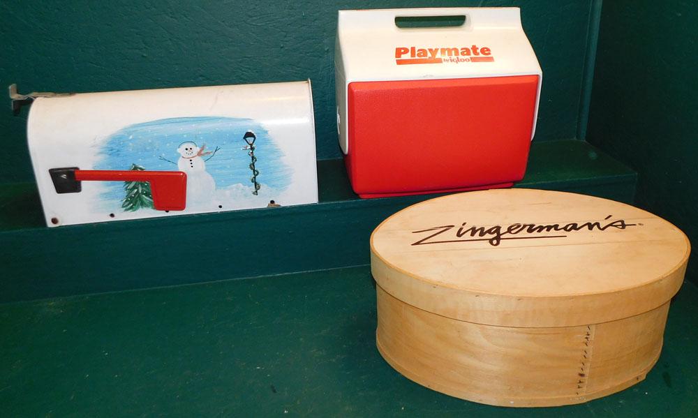 Playmate Cooler, Painted Metal Mailbox, & Wooden Cheese Box (1 of 4)