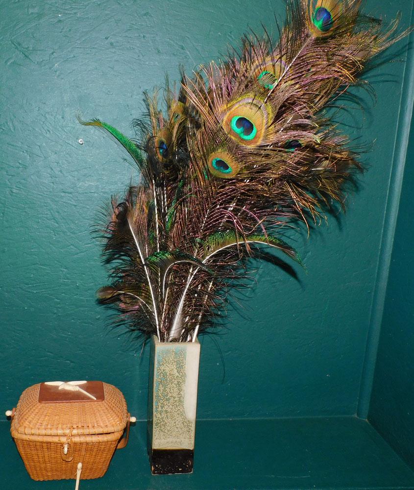 Nantucket Basket & Pottery Vase with Peacock Feathers (1 of 5)
