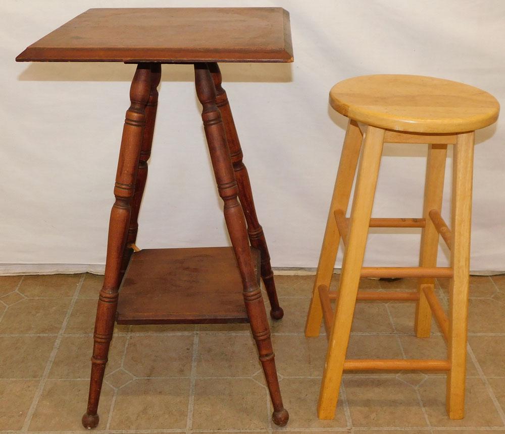 Antique Walnut 2 Tier Stand & Maple Stool (1 of 2)
