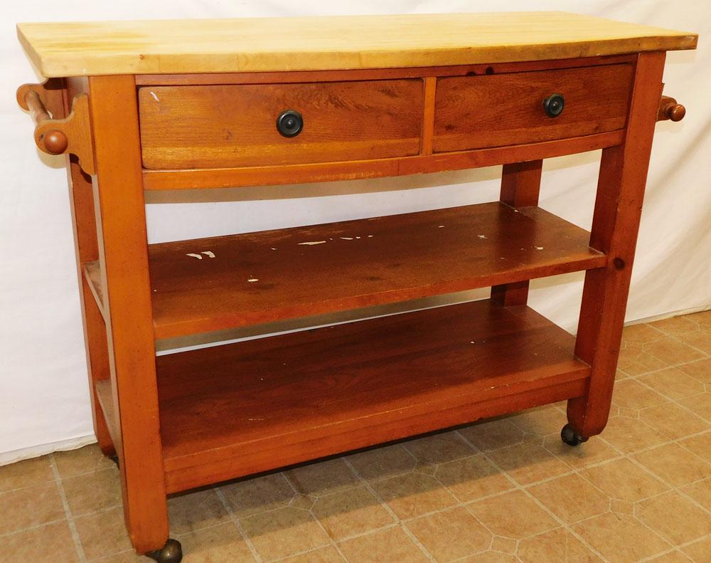 Butcher Block Top Kitchen Server by Broyhill: Butcher Block Top Kitchen Server by Broyhill. 48" W 20" D 35 1/2" H ALL DESCRIPTIONS AND ANY CONDITION STATEMENT GIVEN BY LANGSTON AUCTION GALLERY ARE STRICTLY OPINIONS AND LANGSTON'S SHALL HAVE NO RE