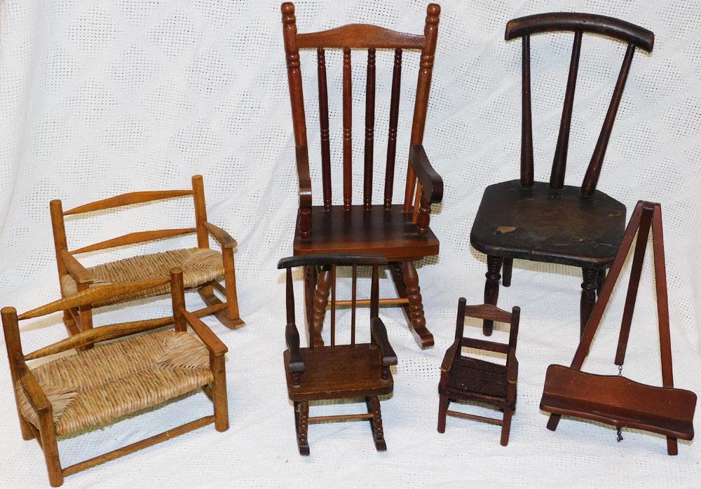 Lot of Doll Chairs & Rockers, & Benches: Lot of Doll Chairs & Rockers, & Benches. ALL DESCRIPTIONS AND ANY CONDITION STATEMENT GIVEN BY LANGSTON AUCTION GALLERY ARE STRICTLY OPINIONS AND LANGSTON'S SHALL HAVE NO RESPONSIBILITY FOR ERRORS OR 
