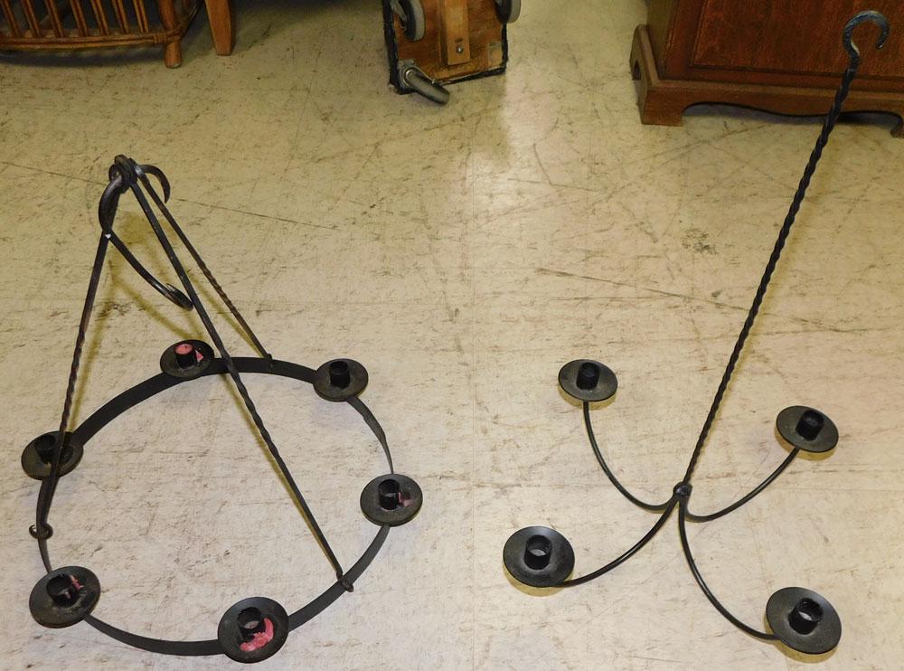 Two Wrought Iron Candle Chandeliers: Two Wrought Iron Candle Chandeliers . Up to 21 3/4" H ALL DESCRIPTIONS AND ANY CONDITION STATEMENT GIVEN BY LANGSTON AUCTION GALLERY ARE STRICTLY OPINIONS AND LANGSTON'S SHALL HAVE NO RESPONSIBILITY F