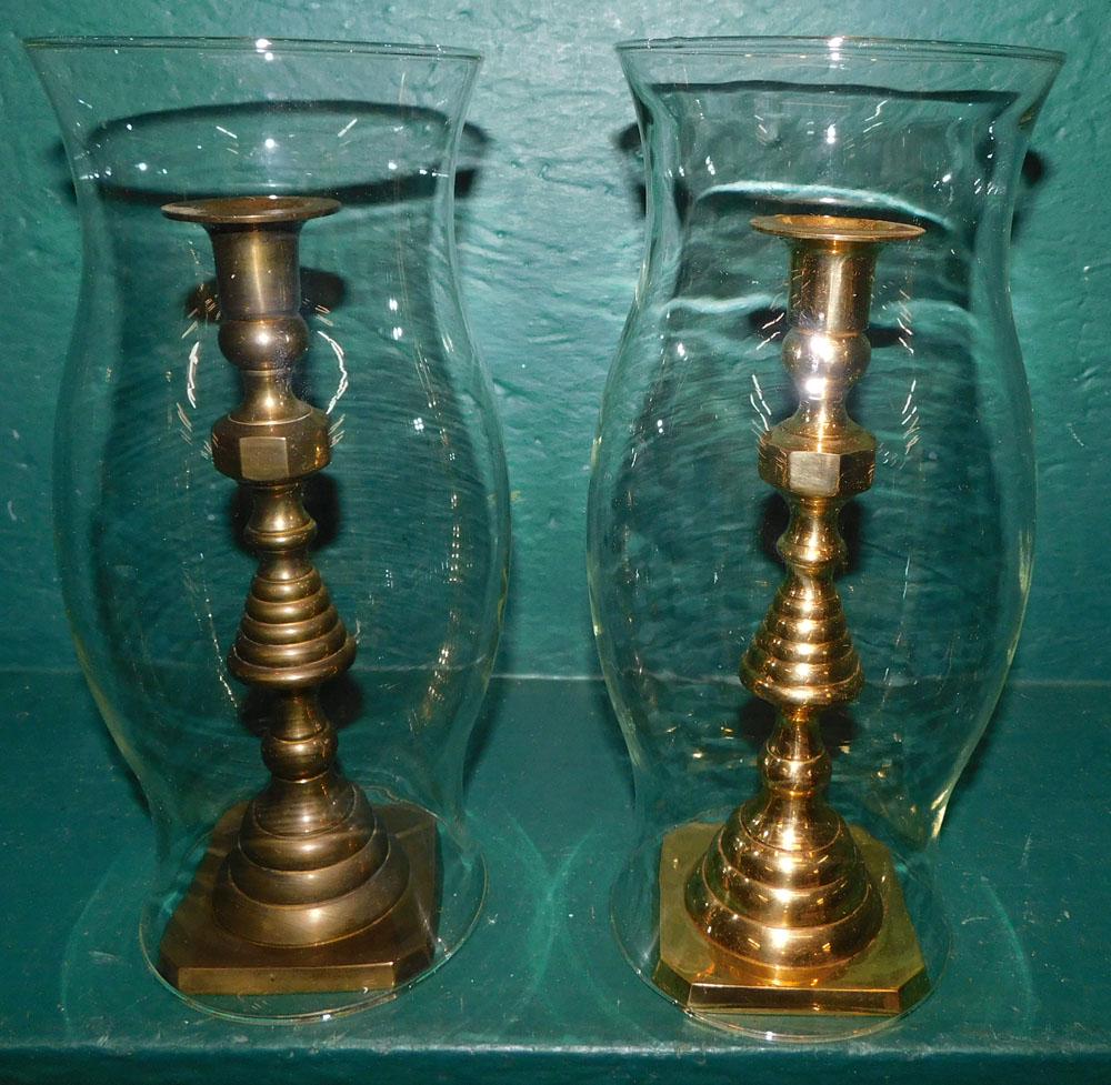Pair Beehive Brass Candlesticks W/ Glass Hurricane Shades (1 of 2)