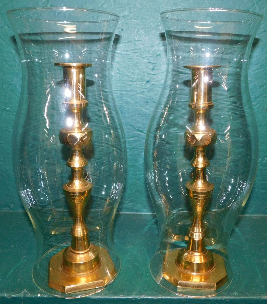 Pair Beehive Brass Candlesticks W/ Glass Hurricane Shades (1 of 2)