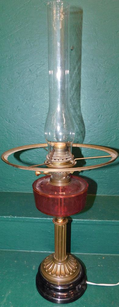 Antique Brass & Ruby Glass Font Parlor Lamp (1 of 2)