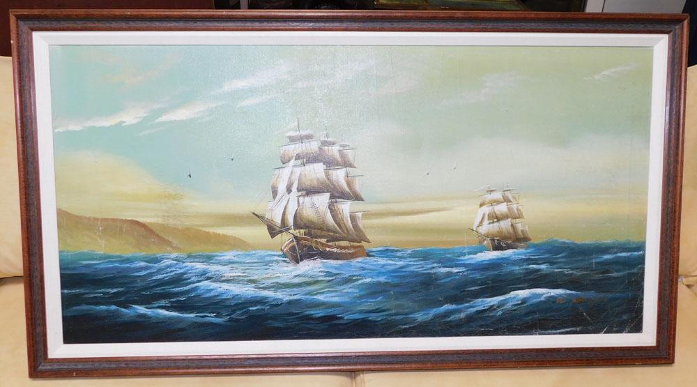 Framed Oil On Canvas Ship Scene - Signed (1 of 3)