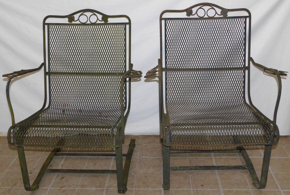 Pair Wrought Iron Outdoor Rockers: Pair Wrought Iron Outdoor Rockers. 35 1/4" H ALL DESCRIPTIONS AND ANY CONDITION STATEMENT GIVEN BY LANGSTON AUCTION GALLERY ARE STRICTLY OPINIONS AND LANGSTON'S SHALL HAVE NO RESPONSIBILITY FOR ERRORS