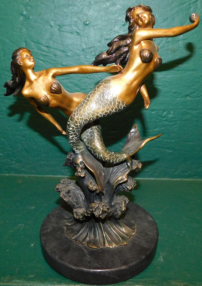 Bronze Mermaid Sculpture On Marble Base: Bronze Mermaid Sculpture On Marble Base. 10 1/4" H ALL DESCRIPTIONS AND ANY CONDITION STATEMENT GIVEN BY LANGSTON AUCTION GALLERY ARE STRICTLY OPINIONS AND LANGSTON'S SHALL HAVE NO RESPONSIBILITY FOR 