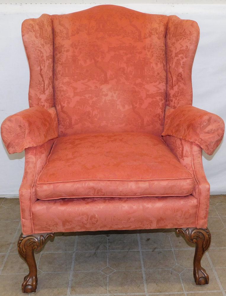 Mahogany Oriental Upholstered Wing Back Chair: Mahogany Oriental Upholstered Wing Back Chair. 43" H ALL DESCRIPTIONS AND ANY CONDITION STATEMENT GIVEN BY LANGSTON AUCTION GALLERY ARE STRICTLY OPINIONS AND LANGSTON'S SHALL HAVE NO RESPONSIBILITY FO