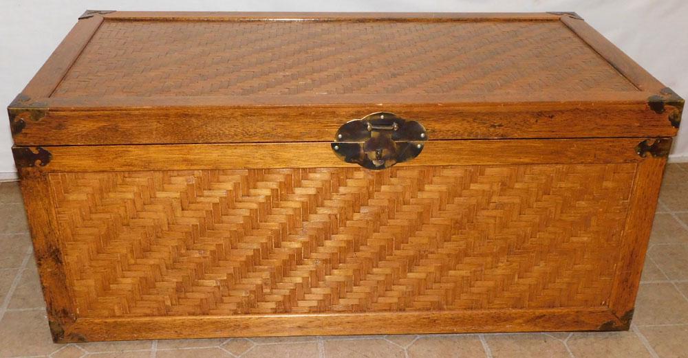 Mahogany Rattan Oriental Blanket Chest: Mahogany Rattan Oriental Blanket Chest. 42 1/2" W 22 1/4" D 19" H ALL DESCRIPTIONS AND ANY CONDITION STATEMENT GIVEN BY LANGSTON AUCTION GALLERY ARE STRICTLY OPINIONS AND LANGSTON'S SHALL HAVE NO RESP