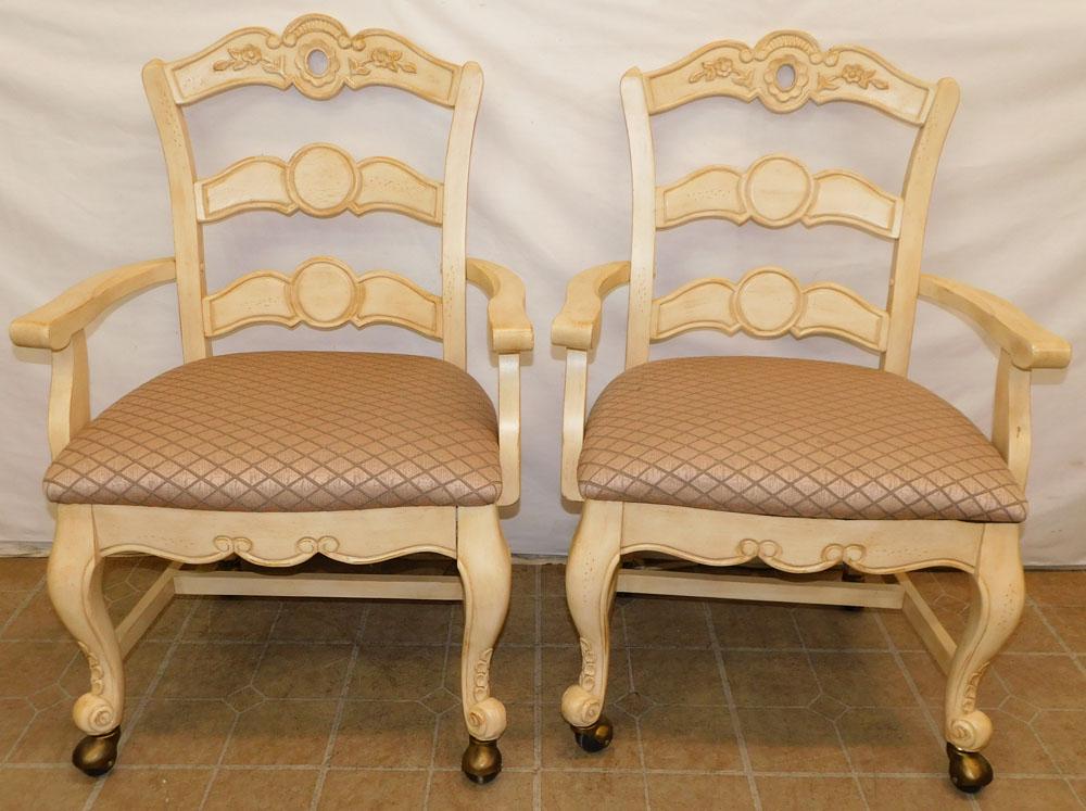 Pair Painted Wood Carved Arm Chairs: Pair Painted Wood Carved Arm Chairs. 38 1/4" H ALL DESCRIPTIONS AND ANY CONDITION STATEMENT GIVEN BY LANGSTON AUCTION GALLERY ARE STRICTLY OPINIONS AND LANGSTON'S SHALL HAVE NO RESPONSIBILITY FOR ERRO