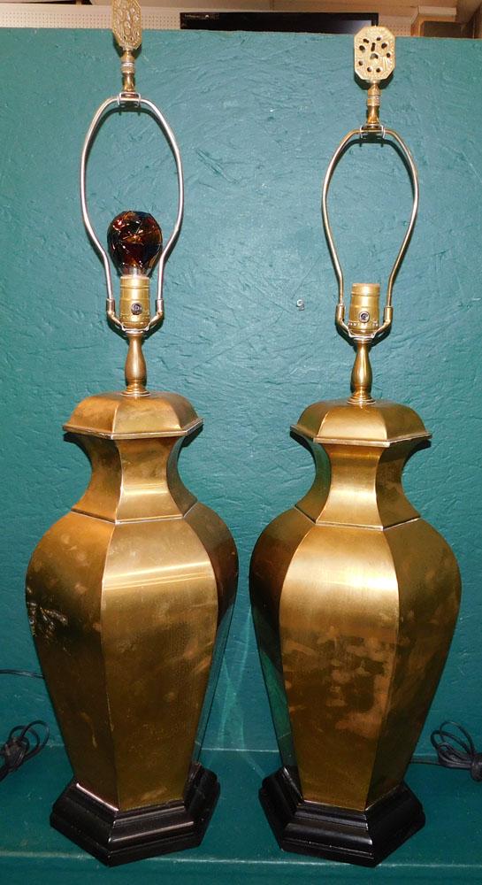 Pair of Brass Vases Made Into Lamps: Pair of Brass Vases Made Into Lamps . 37 1/2" H ALL DESCRIPTIONS AND ANY CONDITION STATEMENT GIVEN BY LANGSTON AUCTION GALLERY ARE STRICTLY OPINIONS AND LANGSTON'S SHALL HAVE NO RESPONSIBILITY FOR ERR