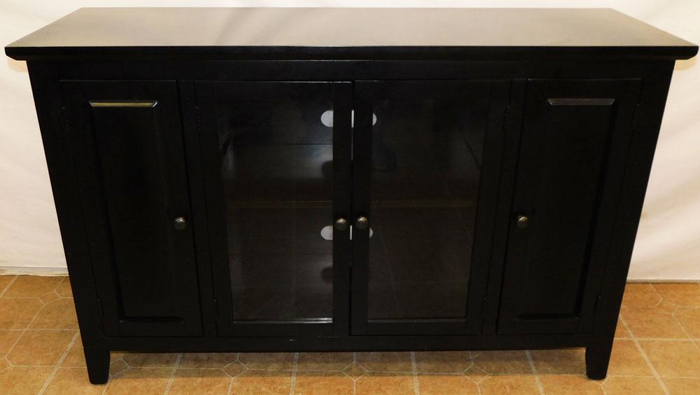 Modern Black Lacquered & Glass 4 Door Cabinet: Modern Black Lacquered & Glass 4 Door Cabinet. 52 1/4" W 17 1/4" D 33 1/4" H ALL DESCRIPTIONS AND ANY CONDITION STATEMENT GIVEN BY LANGSTON AUCTION GALLERY ARE STRICTLY OPINIONS AND LANGSTON'S SHALL H