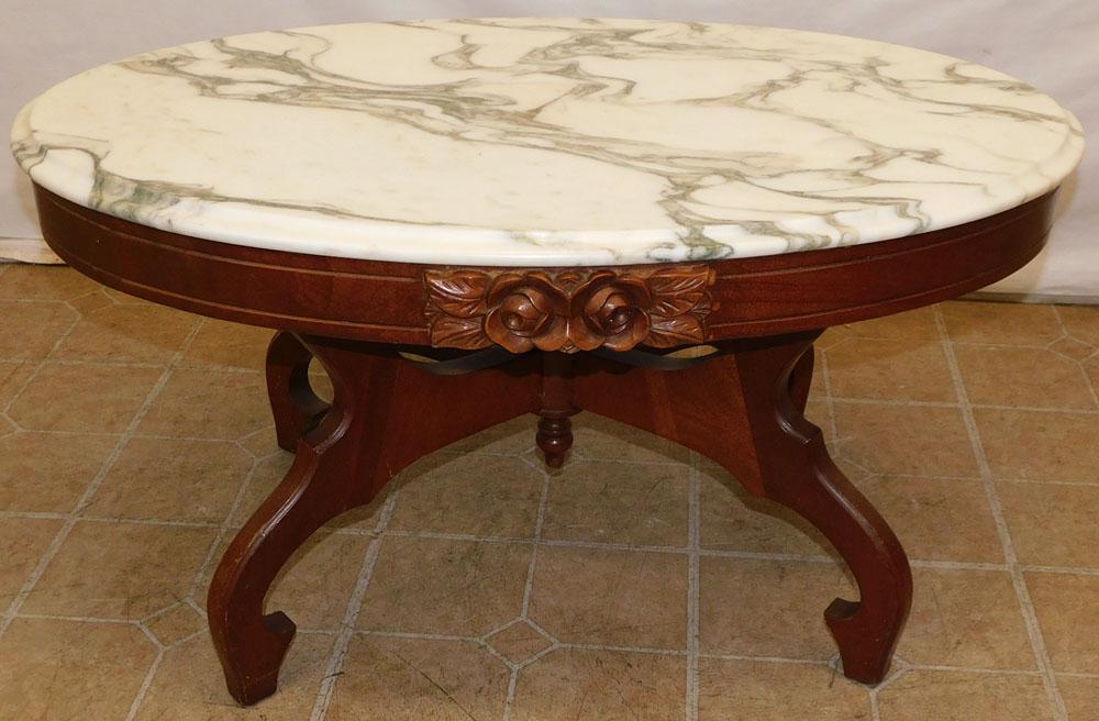 Carved Mahogany Victorian Style Oval Marble Top Tea Table (1 of 3)