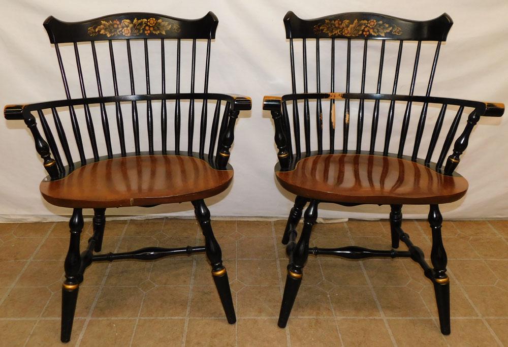 Pair of Hitchcock Arm Chairs: Pair of Hitchcock Arm Chairs . 34" H ALL DESCRIPTIONS AND ANY CONDITION STATEMENT GIVEN BY LANGSTON AUCTION GALLERY ARE STRICTLY OPINIONS AND LANGSTON'S SHALL HAVE NO RESPONSIBILITY FOR ERRORS OR OMIS