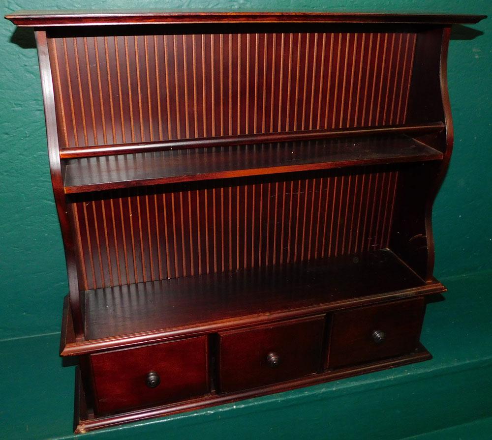Mahogany Wall Shelf with 3 Drawers: Mahogany Wall Shelf with 3 Drawers . 22" W 5 1/4" D 21" H ALL DESCRIPTIONS AND ANY CONDITION STATEMENT GIVEN BY LANGSTON AUCTION GALLERY ARE STRICTLY OPINIONS AND LANGSTON'S SHALL HAVE NO RESPONSIBILI