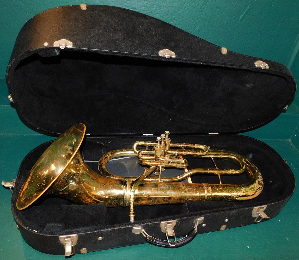 French Horn in Case by Ambassador: French Horn in Case by Ambassador . Case: 37" W 16" D 12 1/2" H ALL DESCRIPTIONS AND ANY CONDITION STATEMENT GIVEN BY LANGSTON AUCTION GALLERY ARE STRICTLY OPINIONS AND LANGSTON'S SHALL HAVE NO RESPON