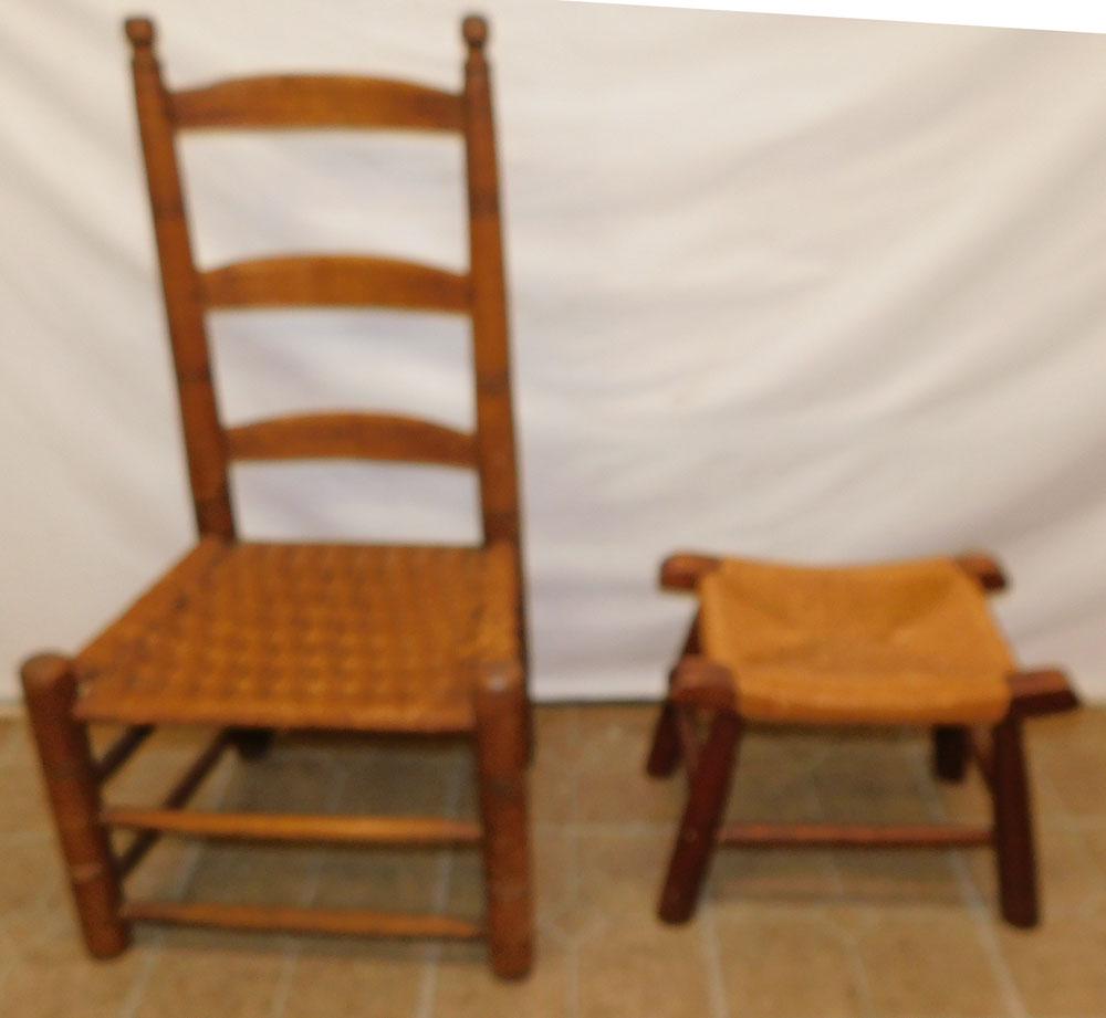 Antique Ladder Back Side Chair & Walnut Foot Stool (1 of 4)