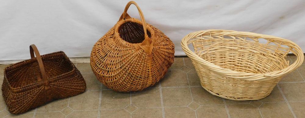 Antique Basket, Basket with Pinecones, & Wicker Basket: Antique Basket, Basket with Pinecones, & Wicker Basket. Up to 22" L 9 1/2" H ALL DESCRIPTIONS AND ANY CONDITION STATEMENT GIVEN BY LANGSTON AUCTION GALLERY ARE STRICTLY OPINIONS AND LANGSTON'S SHALL H