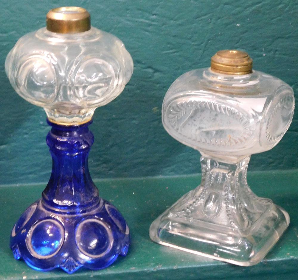 2 Antique Pattern Glass Oil Lamp Bases, (1 with Cobalt Blue Base) (1 of 2)