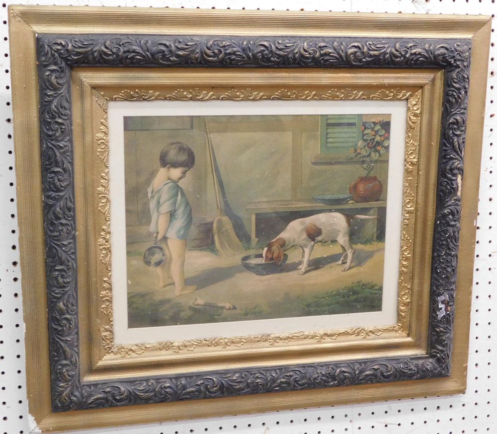 Antique Gilded Frame Country Scene Print of Boy Feeding Dog (1 of 3)
