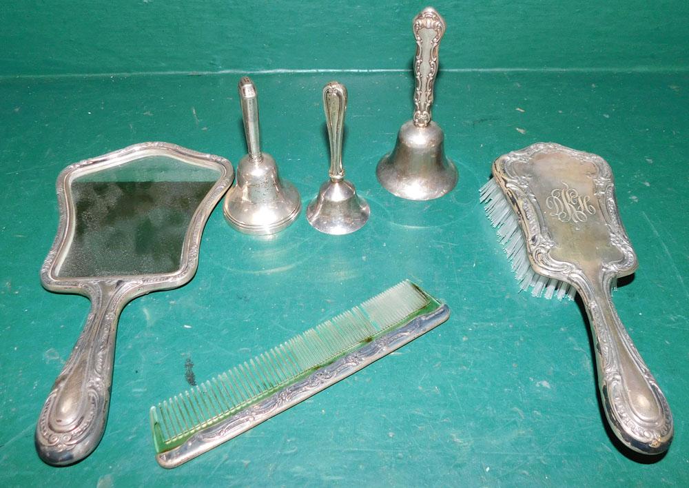 Lot of Sterling Handle Dresser Items & 3 Sterling Handle Bells (1 of 4)