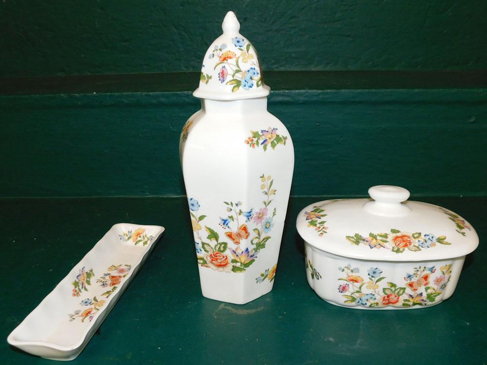 3 Pieces of Aynsley Porcelain: 3 Pieces of Aynsley Porcelain. Up to 9 1/2" H ALL DESCRIPTIONS AND ANY CONDITION STATEMENT GIVEN BY LANGSTON AUCTION GALLERY ARE STRICTLY OPINIONS AND LANGSTON'S SHALL HAVE NO RESPONSIBILITY FOR ERROR