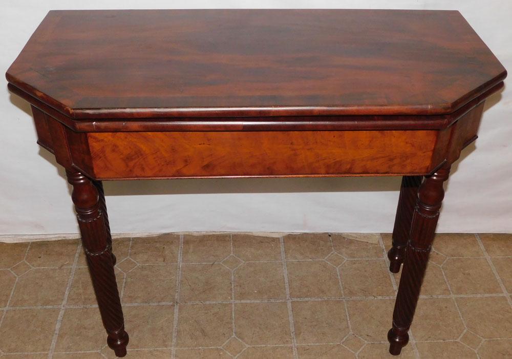 19th C Mahogany Fold Over Top Game Table: 19th C Mahogany Fold Over Top Game Table. 36 1/2" W 18" W 30 1/4" H