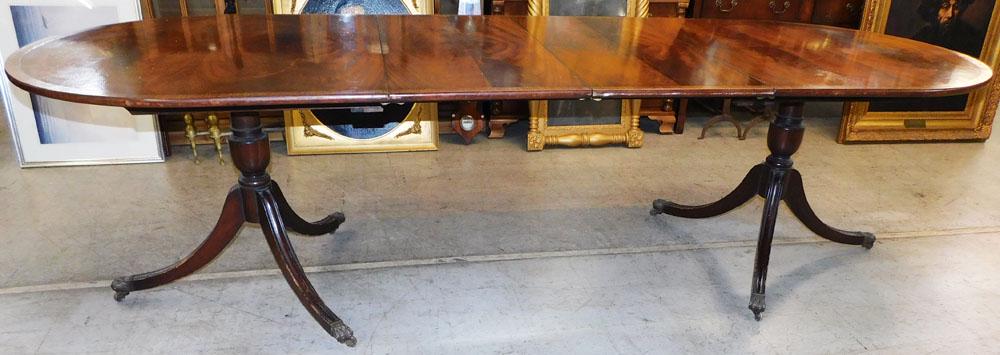 Antique Mahogany & Satinwood Banded Dining Table with 2 Leaves: Antique Mahogany & Satinwood Banded Dining Table with 2 Leaves. 107 3/4" W 40 1/4" D 29 1/4" H