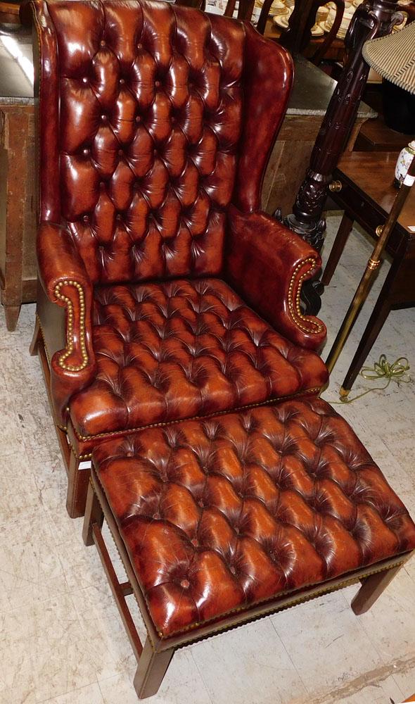 Chesterfield Leather Button & Tufted English Wing Back Chair & Ottoman by Hickory Chair (1 of 12)