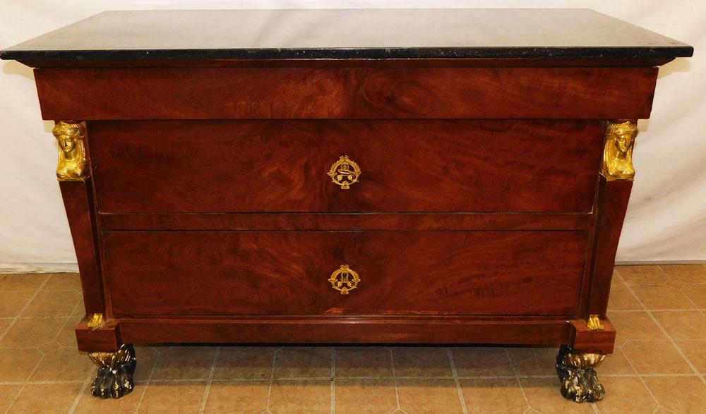Antique Mahogany Marble Top 3 Drawer French Empire Commode with Bronze Ormolu (1 of 9)