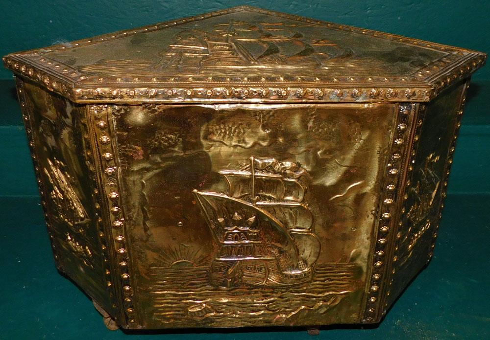 Brass Corner Kindling Box with Embossed Ship Motif (1 of 7)