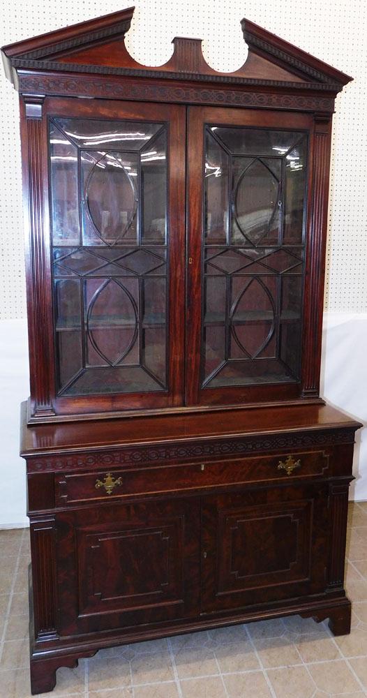 2 Piece Antique Mahogany Chinese Chippendale Bookcase Cabinet with Fluted Columns (1 of 8)